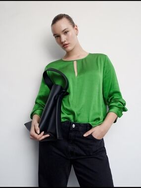 Mango Lime Green Satin Keyhole Blouse Quiet Luxury Minimalist Office Chic Top